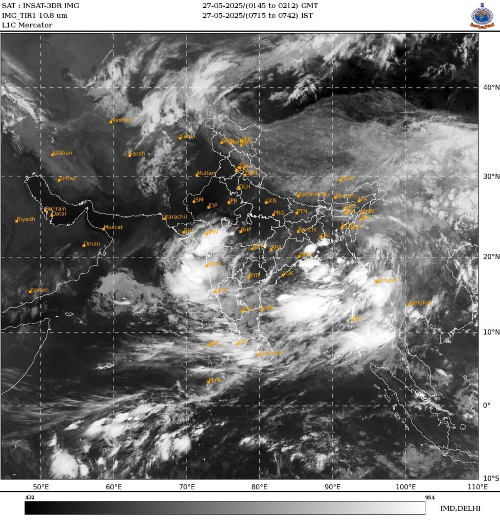 “AI powered weather forecasting system over India map showing satellite data and storm tracking visuals