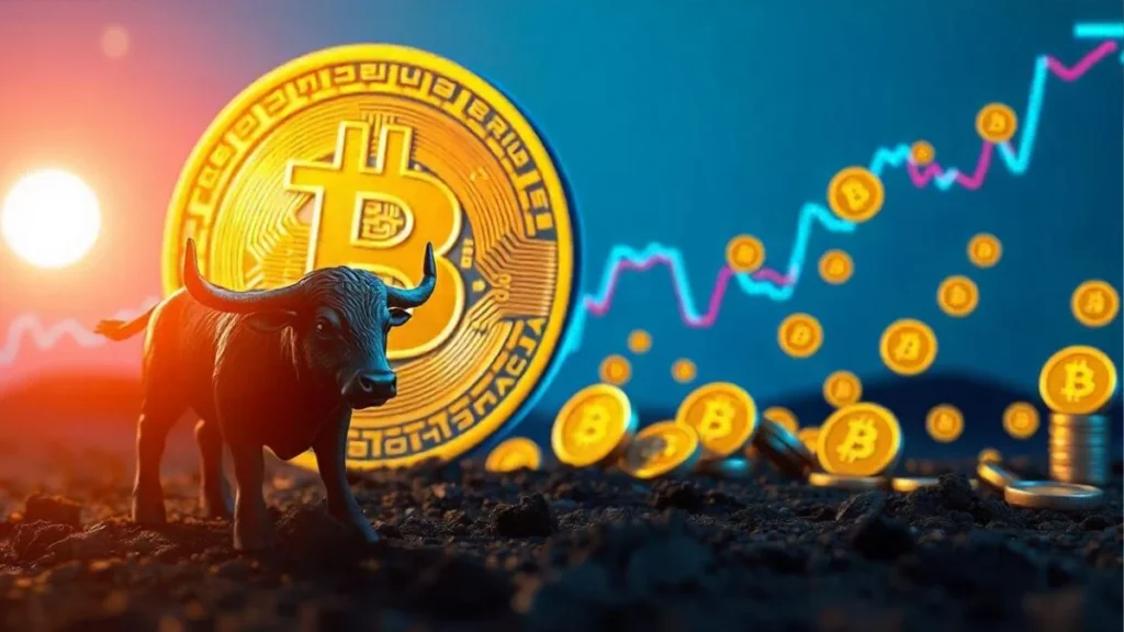 Rocket launching with Bitcoin symbol showing crypto bull run and market optimism – क्रिप्टो बुल रन की शुरुआत