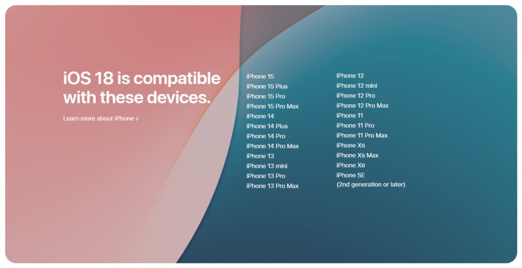 iOS 18 compatible iPhones including iPhone 15, 14, 13, 12, and SE series